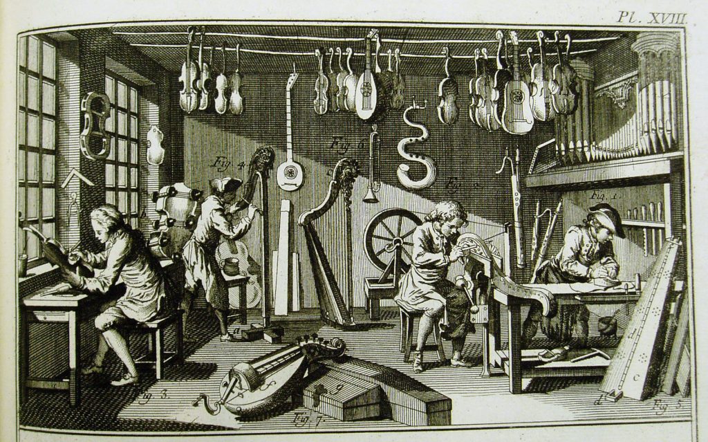 Pen-and-ink illustration of luthiers working on harps, lutes, violins, and other musical instruments in a workshop. The artisans are wearing powdered wigs, knee breeches, and tricorn hats. 