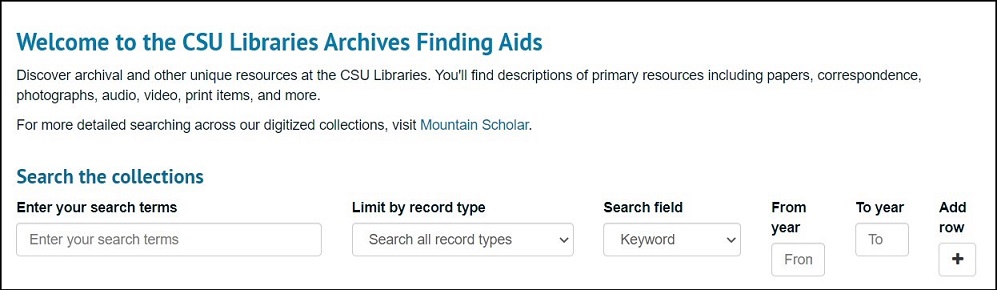 Screenshot of CSU Libraries Finding Aids search screen