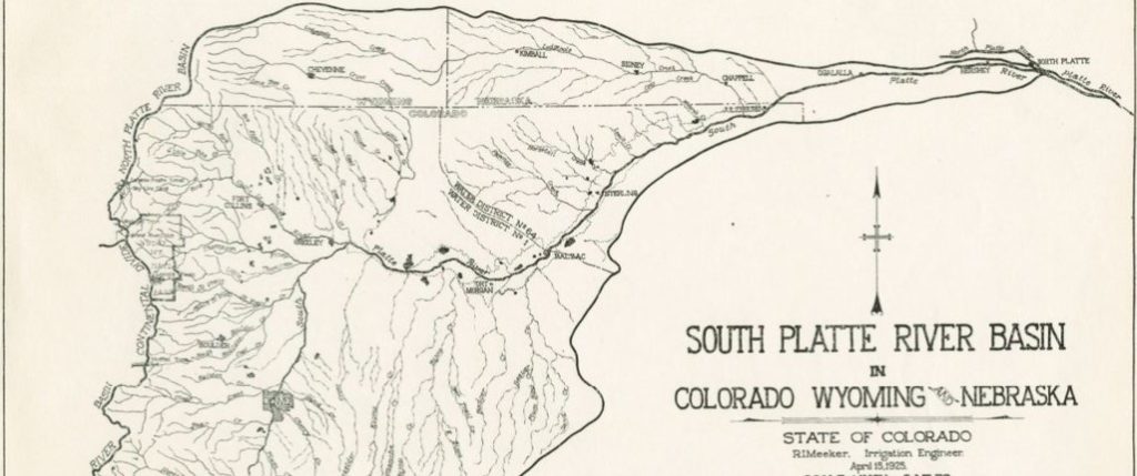 A map of the South Platte River Basin in Colorado, Wyoming, and Nebraska