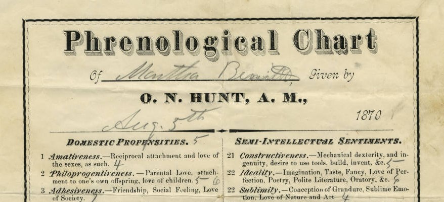 Excerpt from Martha Bennett's 1870 phrenological chart with personal attributes listed under the category headings 'Domestic Propensities' and 'Semi-Intellectual Sentiments'. 