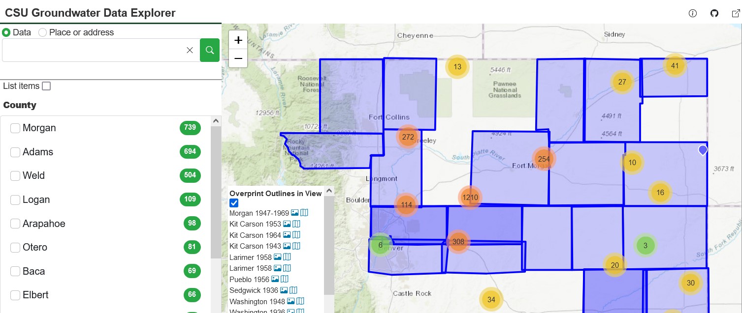 Screenshot from CSU Groundwater Data Explorer, showing a map of groundwater level measurements by geolocation.   