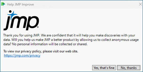 Data collection choices with link to privacy policy. Click 'No thanks'.