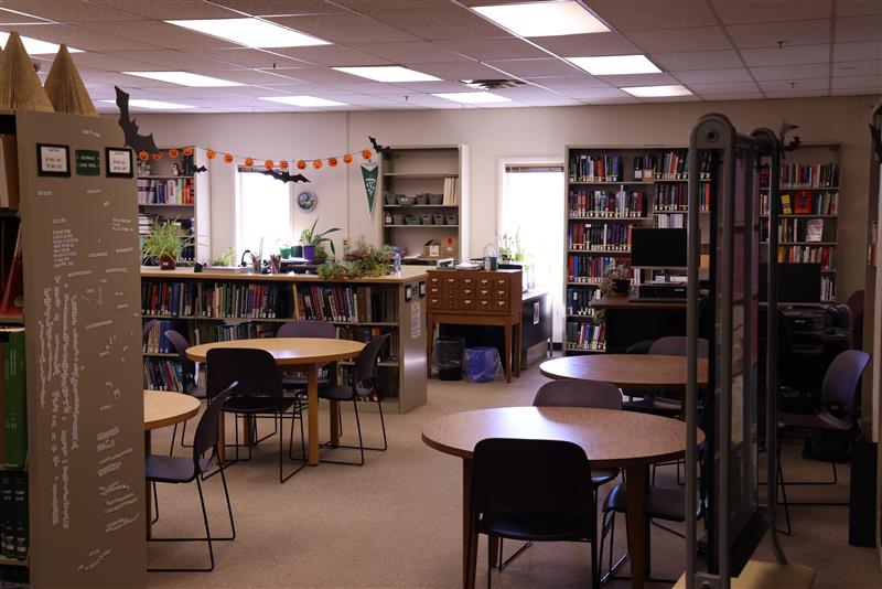 a sunny plant-filled room with bookshelves, tables, chairs, and a card catalog, decorated with bats and pumpkins for Halloween.
